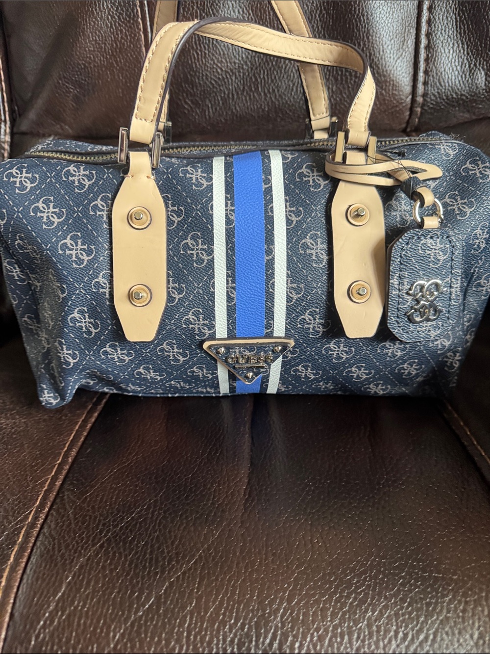 Guess Navy Monogram Satchel with Blue and Cream Stripes
